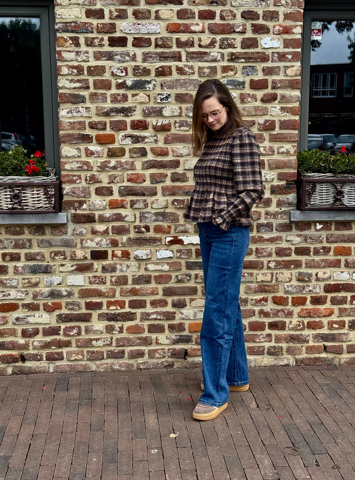 Lieke Smock Ruit Top - Bruin