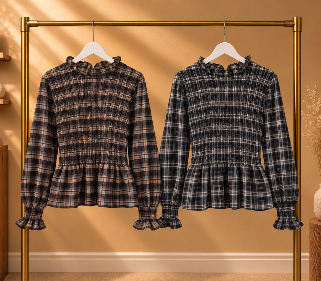 Lieke Smock Ruit Top - Bruin