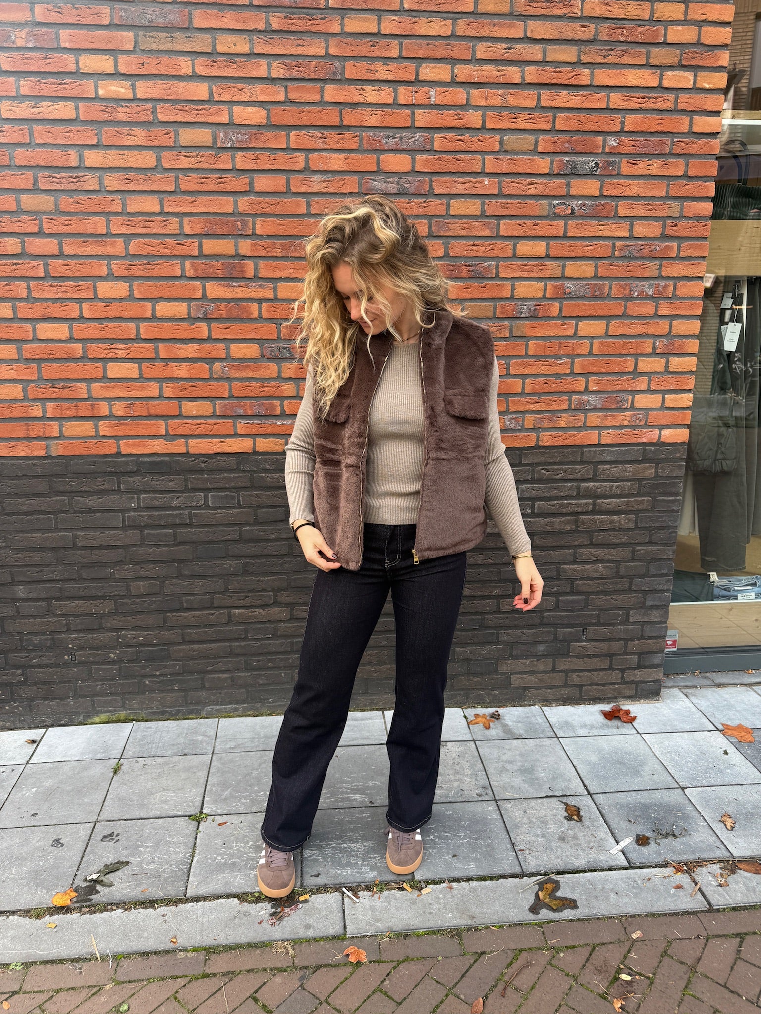 Furry Zip Gilet - Brown